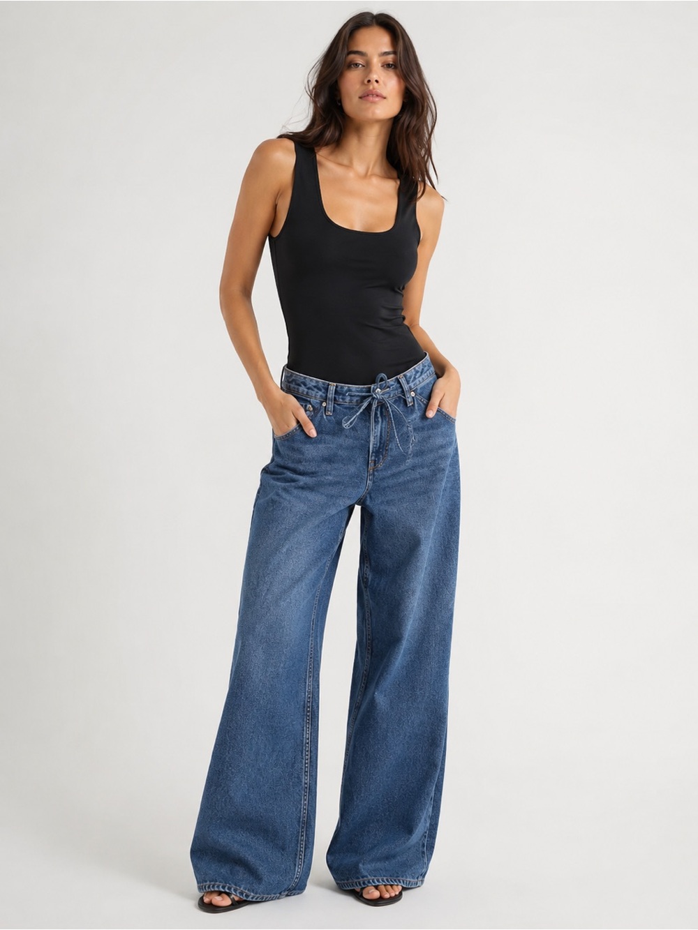 Scoop Low Slung Wide Leg Jeans Dark Wash Tie Waist Women's Size 12